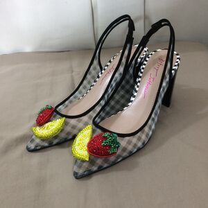 NEW Betsey Johnson Slingback Heels Gingham Mesh Fruit Beaded Strawberry Lemon 5M